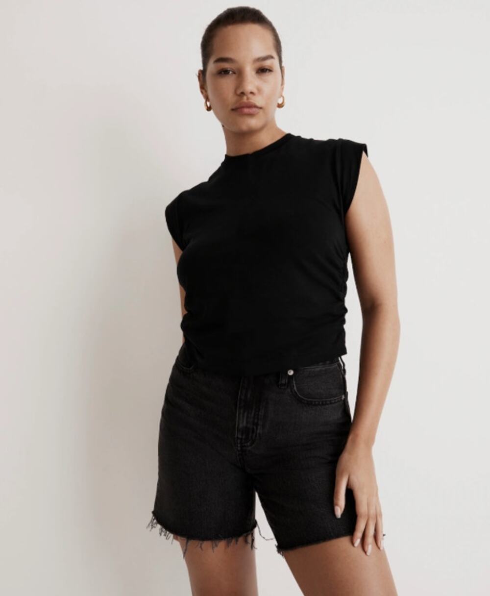Madewell Side Cinch Muscle Tee WMNS XS Black Crewneck Cap Sleeve Slim Fit NJ787